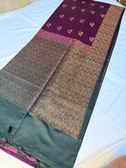 Majestic Purple & Teal Kanchipuram Saree with Dual Tone Pallu & Lotus Zari Motifs