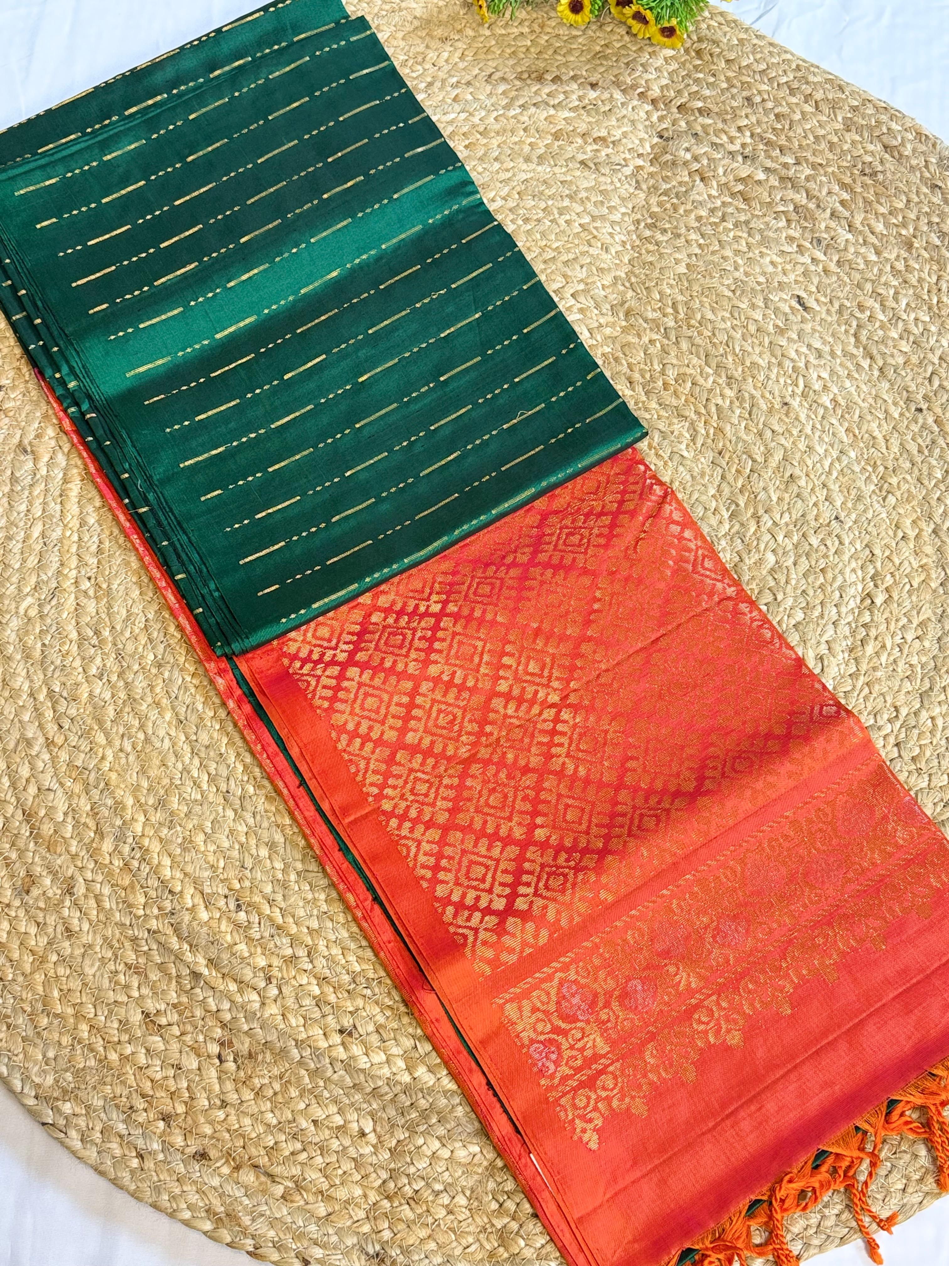 Emerald Green & Fiery Orange Kanchi Semi Fancy Pure Silk Saree