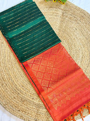 Emerald Green & Fiery Orange Kanchi Semi Fancy Pure Silk Saree