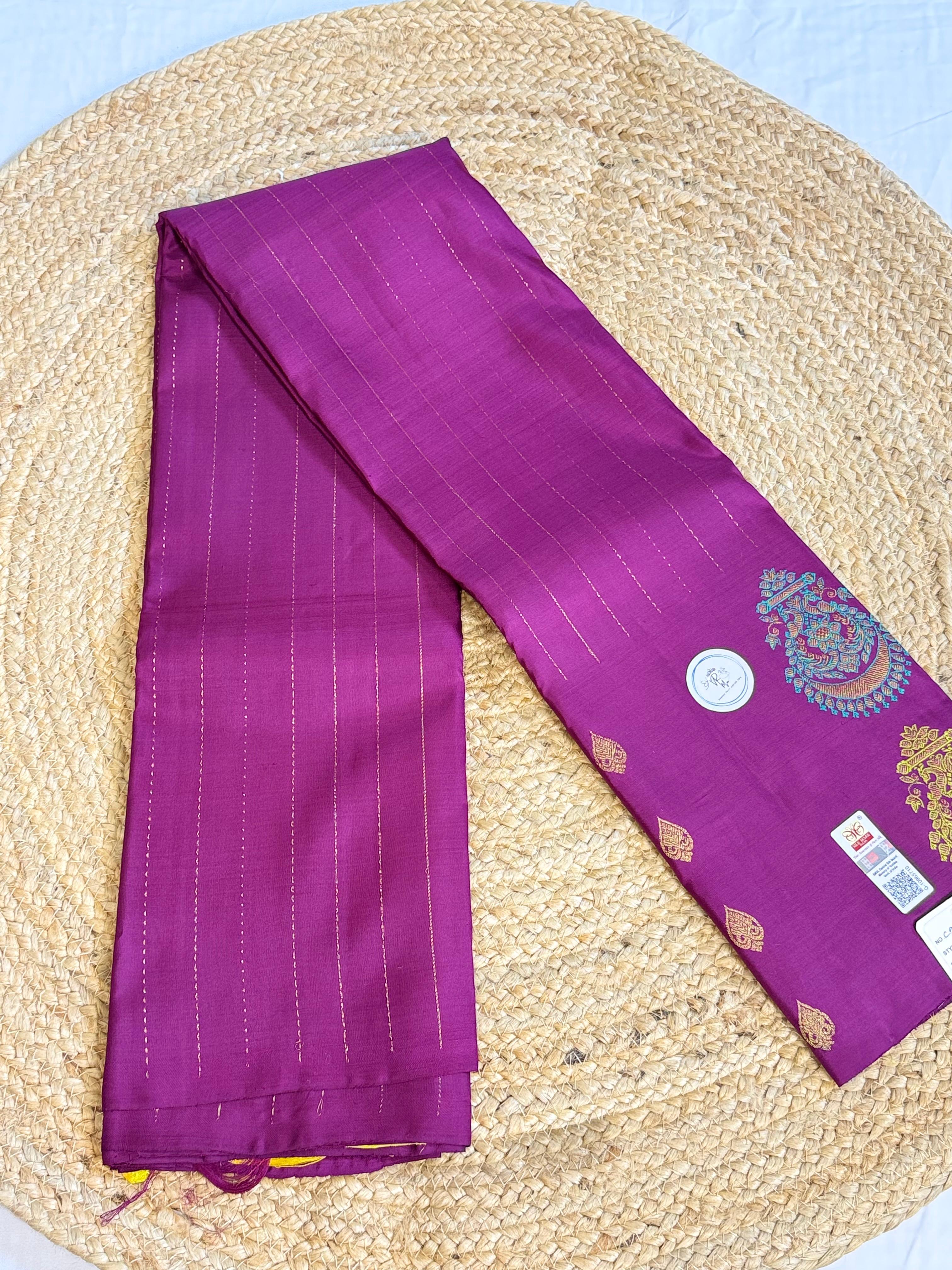 Magenta Kanchipuram Silk Saree with Yellow Zari Border & Peacock Motifs