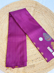 Magenta Kanchipuram Silk Saree with Yellow Zari Border & Peacock Motifs