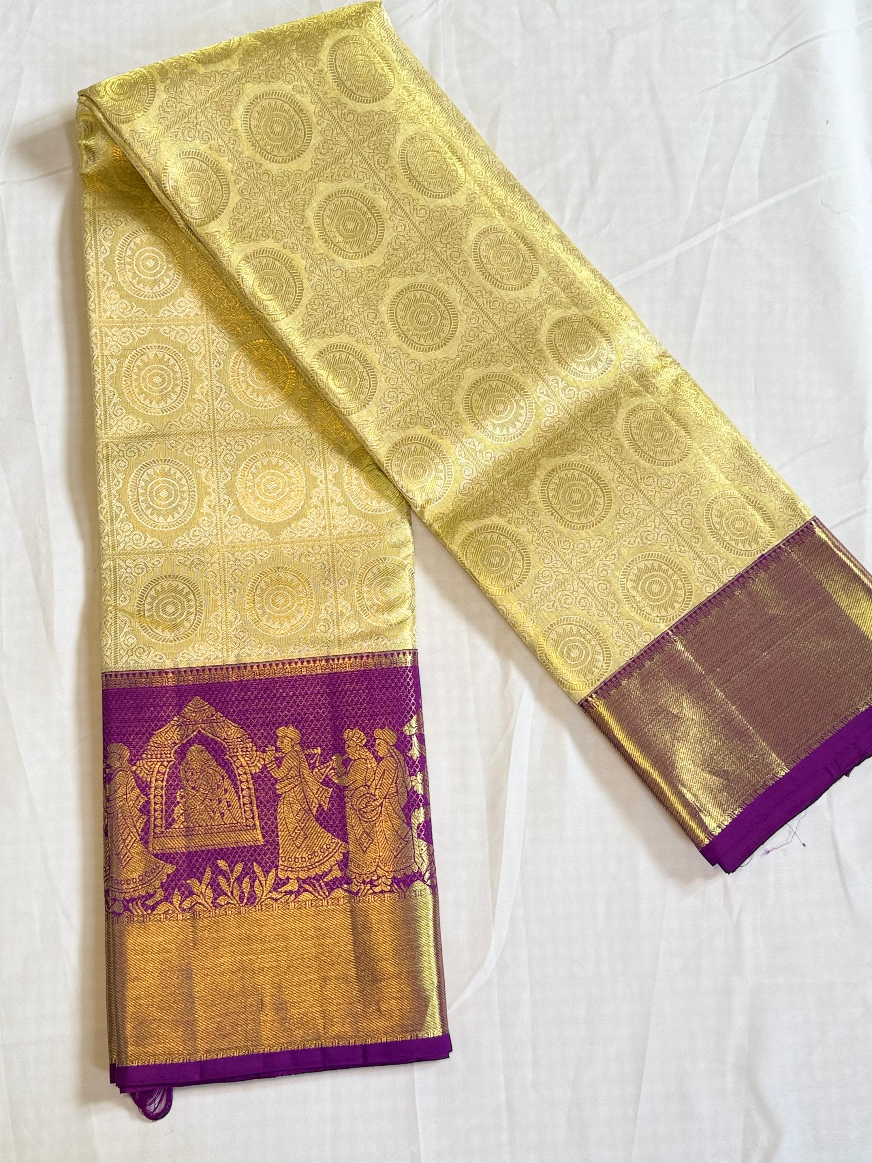 Pastel Gold Kanchipuram Silk Saree with Purple Zari Border & Wedding Scene Motifs