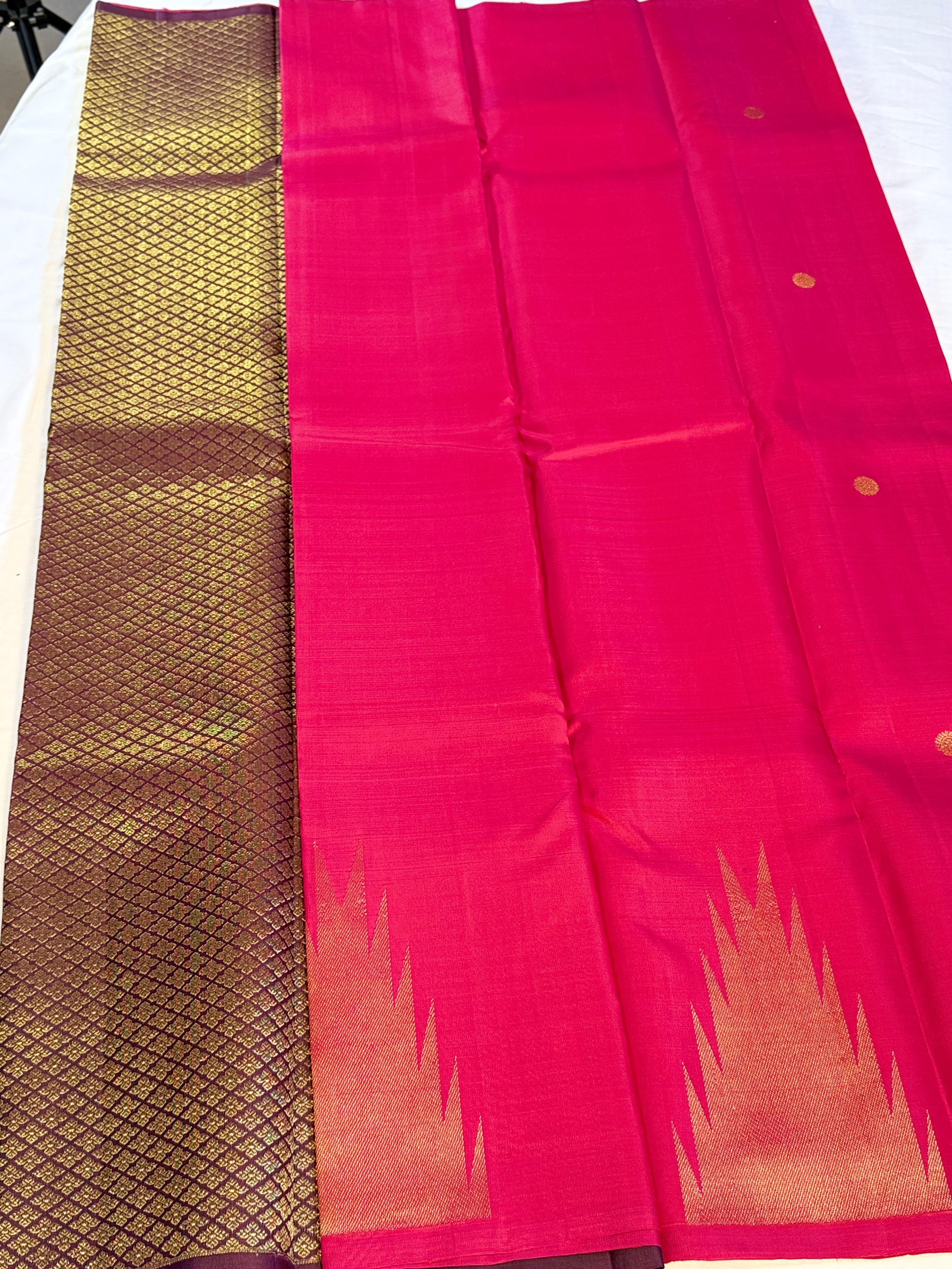 Pink Kanchipuram Silk Saree with Gold Zari Diamond Border