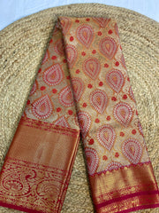 Sunset Gold & Coral Red Kanchi Fancy Pure Silk Saree with Dual Paisley Weave