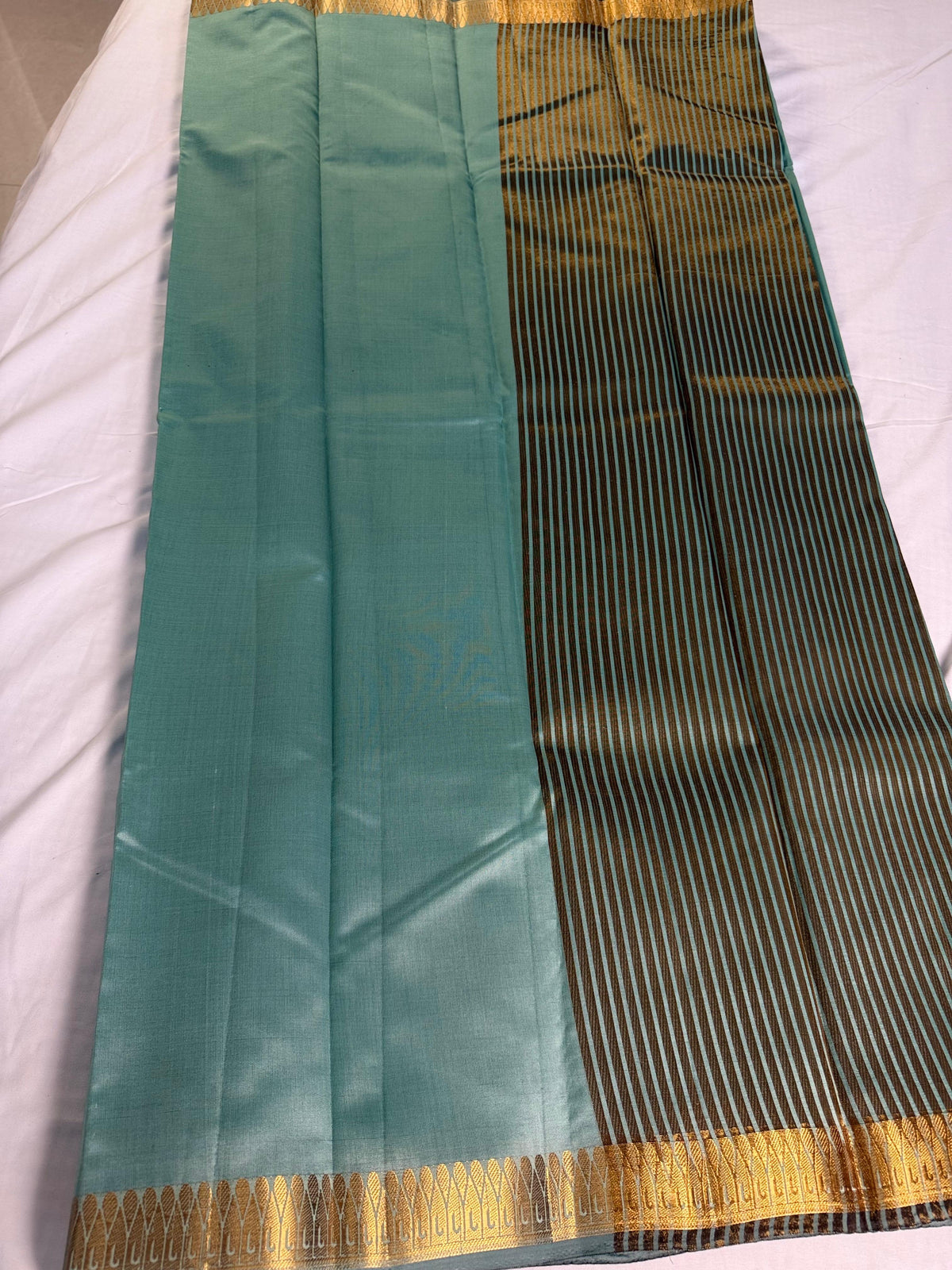 Sea Green Kanchipuram Silk Saree with Black Striped Pallu & Golden Temple Border