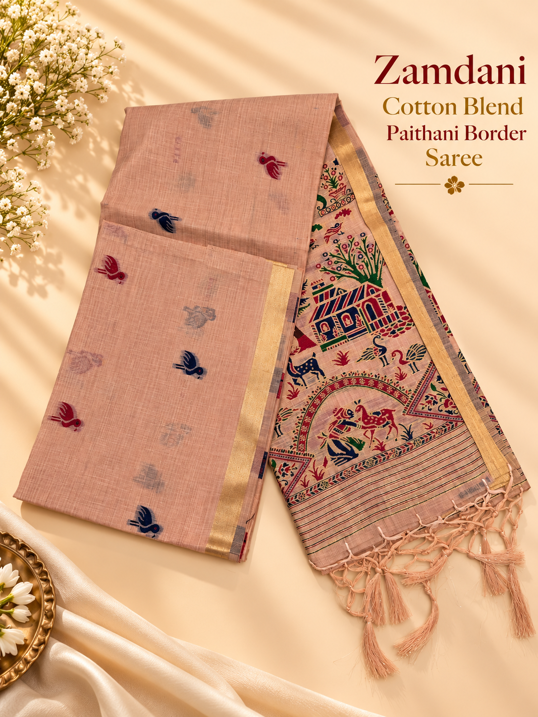 Peach Zamdani Cotton Blend Paithani Border Saree