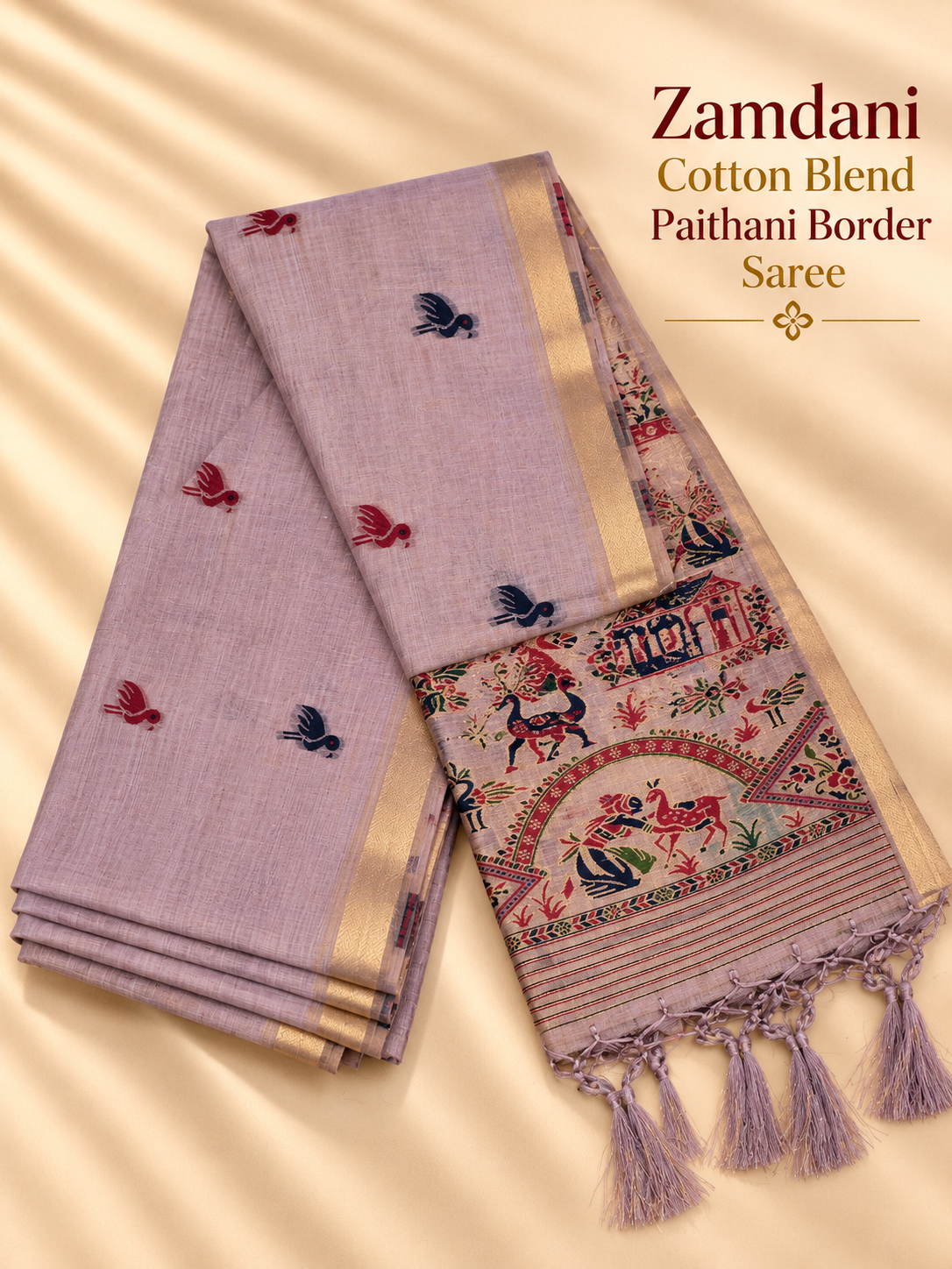Lavender Zamdani Cotton Blend Paithani Border Saree