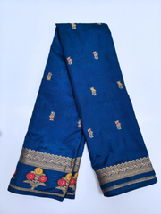 Royal Blue Soft Silk Saree with Gold Zari Buttas & Floral Pallu