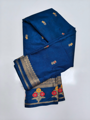 Royal Blue Soft Silk Saree with Gold Zari Buttas & Floral Pallu
