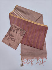 Mauve & Beige Tussar Cotton Blend Saree with Striped Woven Texture