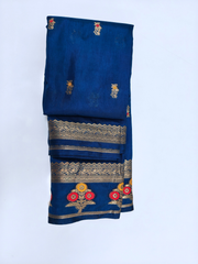 Royal Blue Soft Silk Saree with Gold Zari Buttas & Floral Pallu