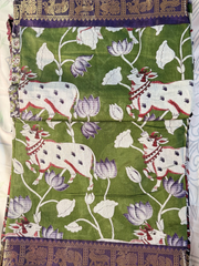 Olive Green Kalamkari Print Gadwal Semi Silk Saree