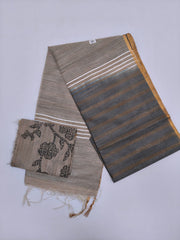 Grey & Charcoal Tussar Cotton Blend Saree with Striped Pallu