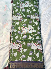 Olive Green Kalamkari Print Gadwal Semi Silk Saree