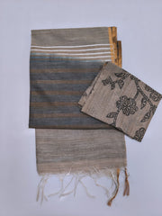 Grey & Charcoal Tussar Cotton Blend Saree with Striped Pallu