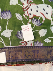 Olive Green Kalamkari Print Gadwal Semi Silk Saree