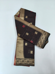 Black & Maroon Soft Silk Saree with Gold Zari Floral Border