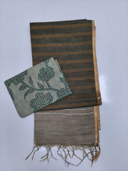 Charcoal Grey & Taupe Tussar Cotton Blend Saree with Golden Stripes