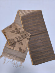 Taupe & Charcoal Grey Tussar Cotton Blend Saree with Floral Printed Blouse