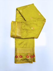 Lime Green Soft Silk Saree with Floral Zari Buttas & Designer Border