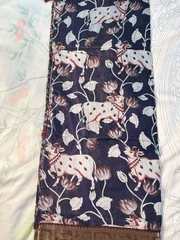 Navy Blue Kalamkari Print Gadwal Semi Silk Saree