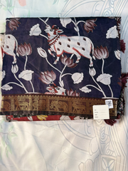 Navy Blue Kalamkari Print Gadwal Semi Silk Saree