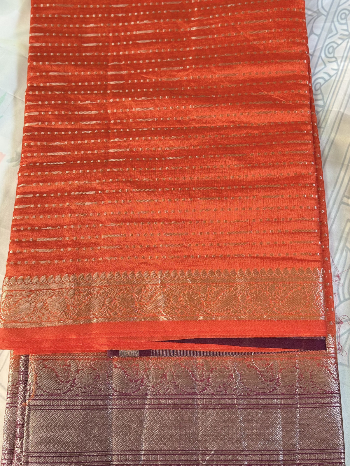 Coral Orange Semi Kanchi Silk Saree