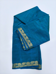Teal Blue Soft Silk Saree with Elegant Gold Zari Leaf Border