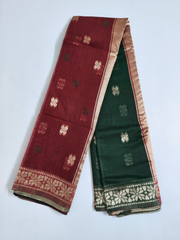 Maroon & Bottle Green Soft Silk Saree with Gold Zari Floral Border