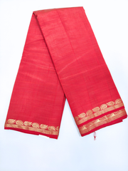 Coral Red Soft Silk Saree with Elegant Gold Zari Leaf Border