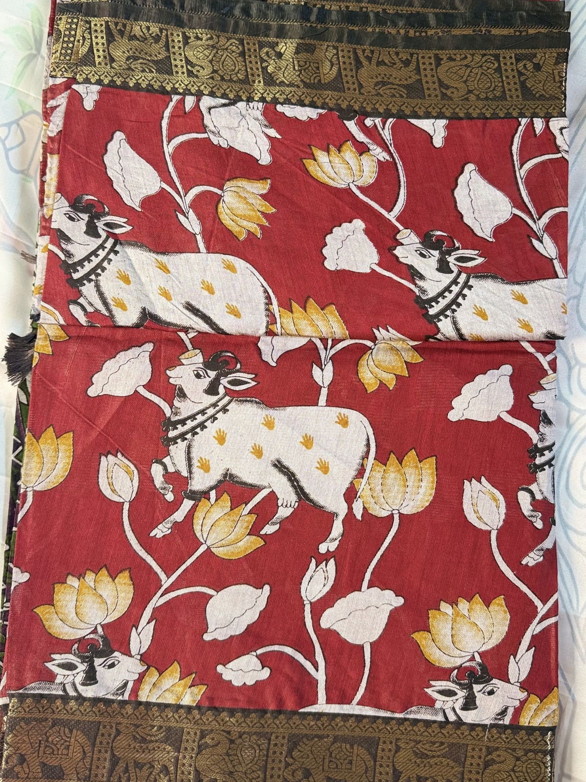 Maroon Kalamkari Print Gadwal Semi Silk Saree