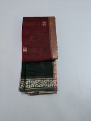 Maroon & Bottle Green Soft Silk Saree with Gold Zari Floral Border