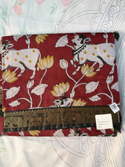 Maroon Kalamkari Print Gadwal Semi Silk Saree
