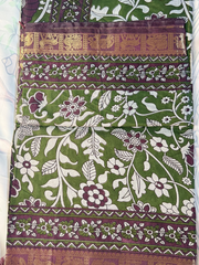 Olive Green Floral Kalamkari Gadwal Semi Silk Saree