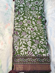 Olive Green Floral Kalamkari Gadwal Semi Silk Saree