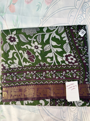 Olive Green Floral Kalamkari Gadwal Semi Silk Saree
