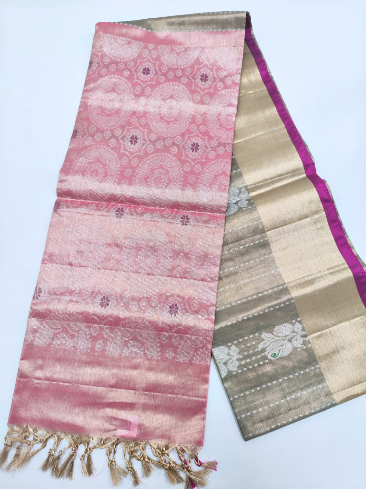 Rose Pink & Taupe Grey Upada Pattu Saree with Floral Woven Designs