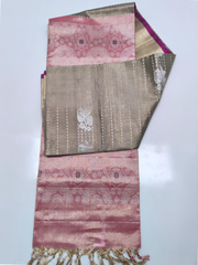 Rose Pink & Taupe Grey Upada Pattu Saree with Floral Woven Designs