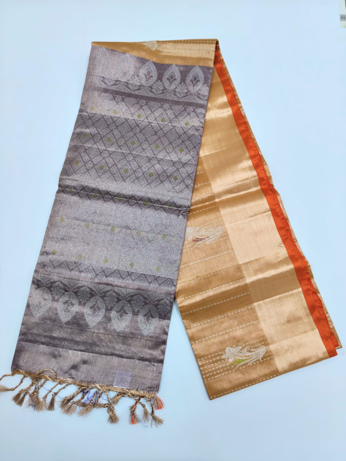 Grey & Golden Tissue Upada Pattu Saree with Traditional Woven Designs