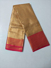 Golden Soft Silk Saree with Pink Contrast Border & Floral Zari Weaving