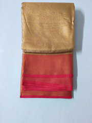 Golden Soft Silk Saree with Pink Contrast Border & Floral Zari Weaving