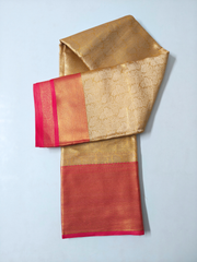 Golden Soft Silk Saree with Pink Contrast Border & Floral Zari Weaving