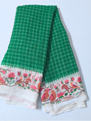 Green Checked Cotton Saree with Artistic Floral Bird Border