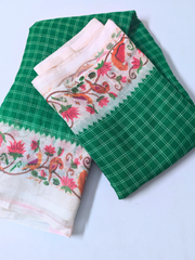 Green Checked Cotton Saree with Artistic Floral Bird Border