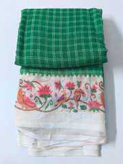 Green Checked Cotton Saree with Artistic Floral Bird Border