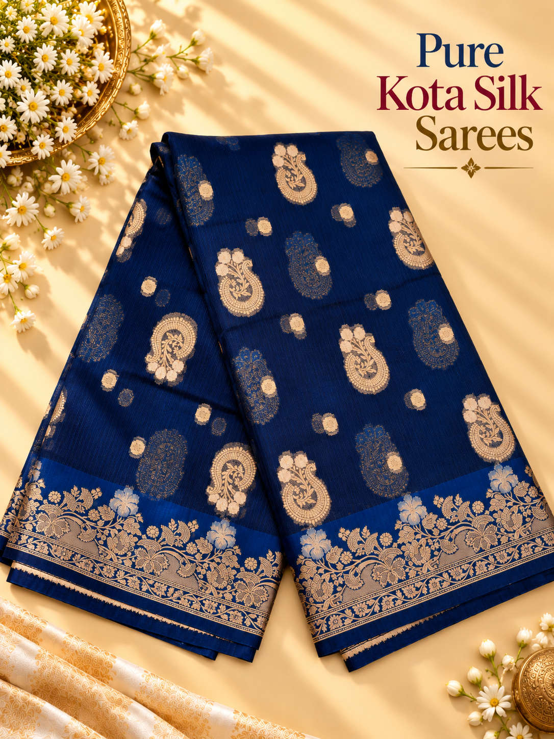 Royal Navy Blue Pure Kota Silk Saree with Golden Zari Border