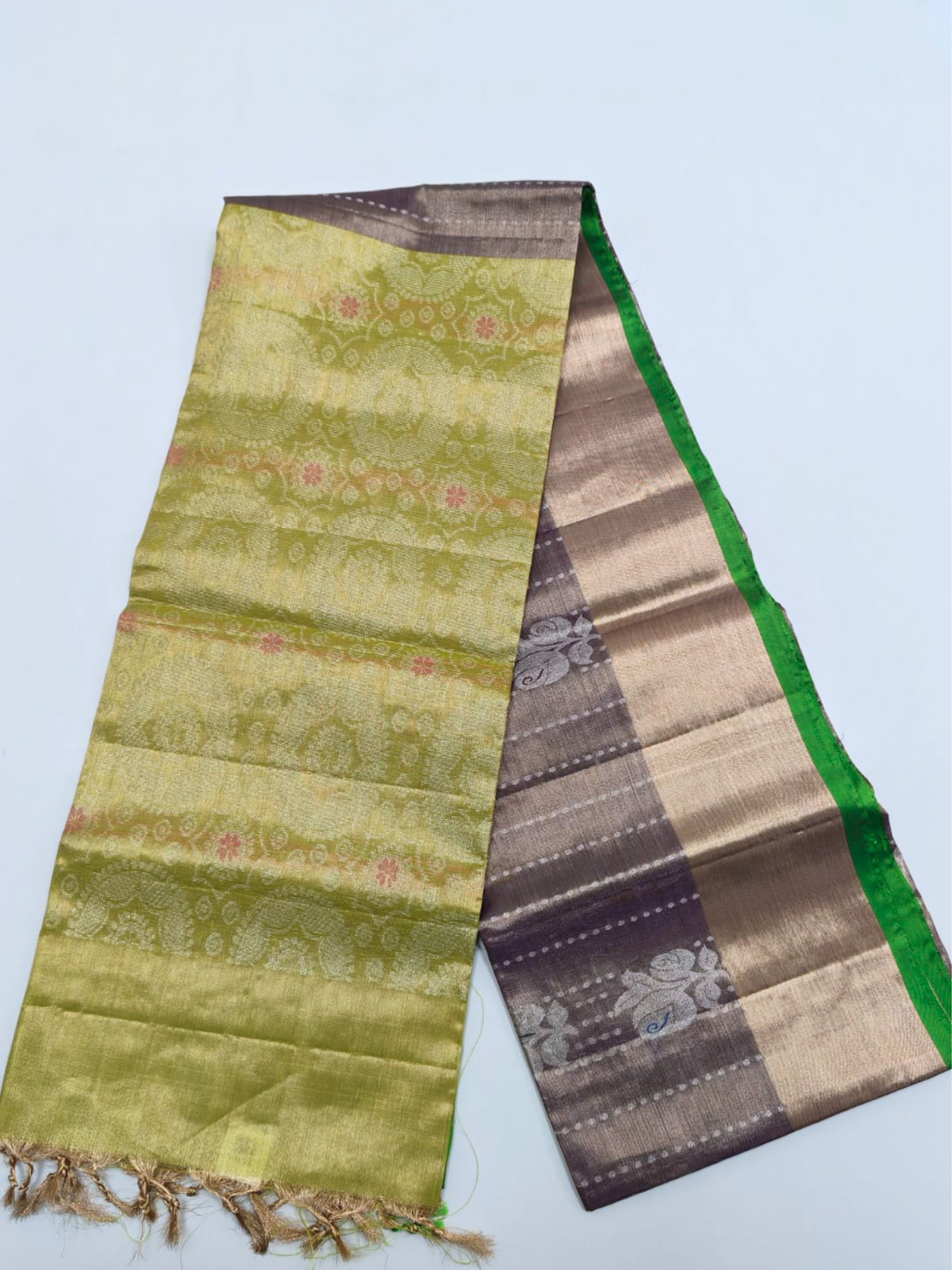 Olive Green & Chocolate Brown Upada Pattu Saree with Floral Woven Designs