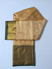Golden Soft Silk Saree with Green Contrast Border & Floral Zari Weaving