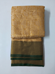 Golden Soft Silk Saree with Green Contrast Border & Floral Zari Weaving