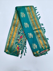 Teal Green Banarasi Silk Saree with Gold Zari & Peacock Floral Weave